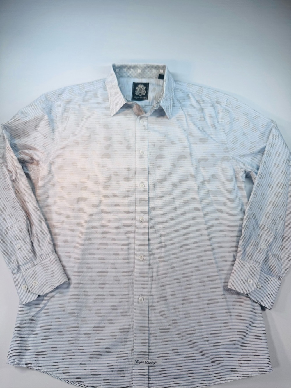 English Laundry Men’s L Button-Down Shirt White/Lt Blue Thin Stripes Paisley